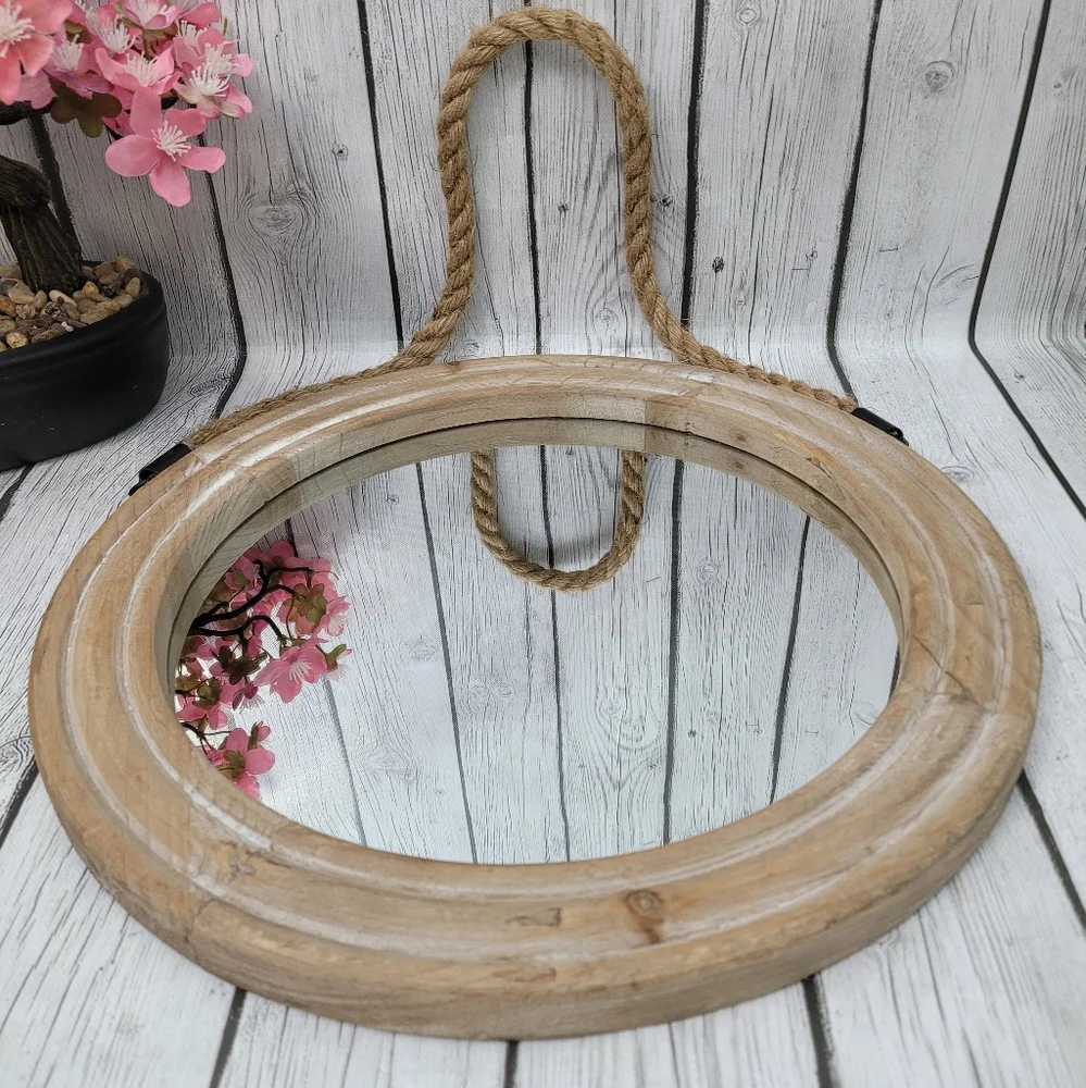 Decorative Rustic Mirror with Solid Wood Frame & Rope Hanging